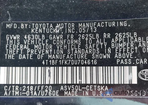 2013 Toyota Camry Se from USA, damaged, VIN 4T1BF1FK7DU704616